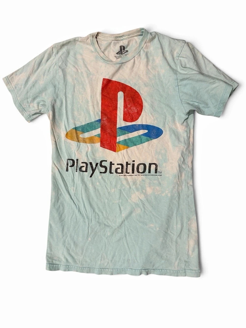 PlayStation Classic Logo Distressed Acid Wash T-Shirt Blue & Red